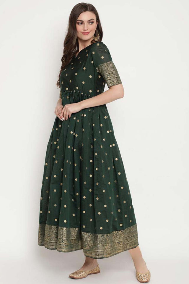 Dark Green Chanderi Polka Dot Printed Kurti
