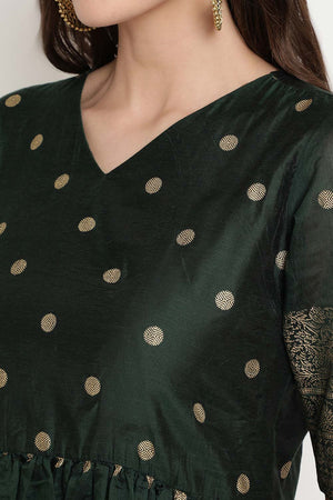 Dark Green Chanderi Polka Dot Printed Kurti