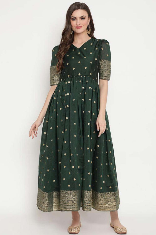 Dark Green Chanderi Polka Dot Printed Kurti