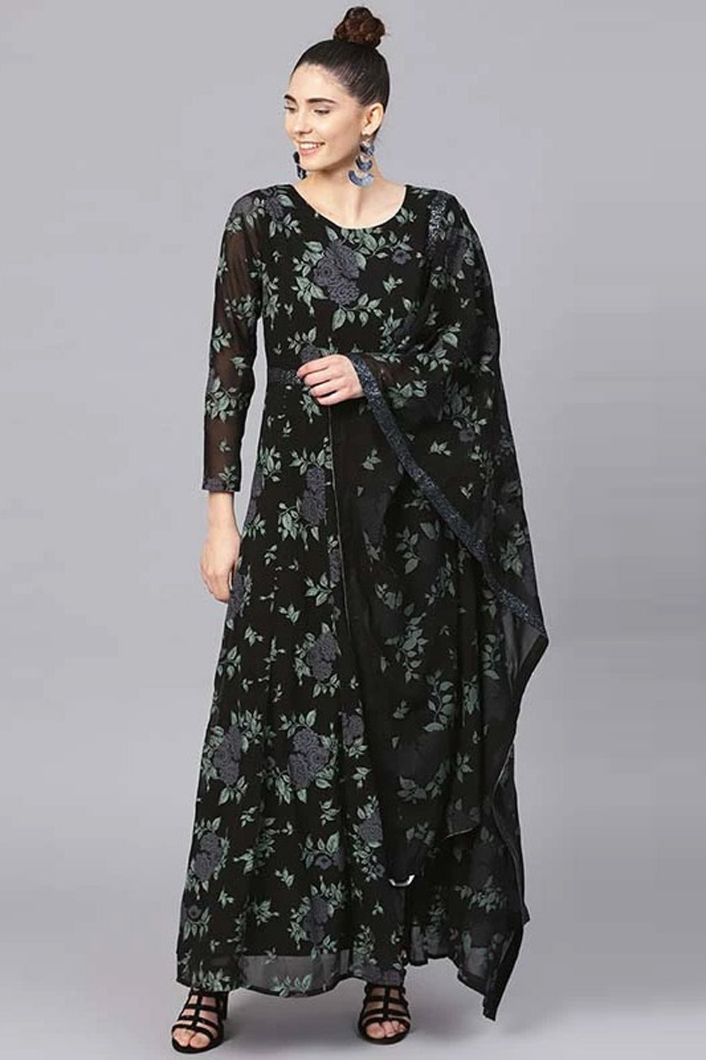 Ladies Black Floral Print Poly Crepe Long Dress at Rs 350 | Synthetic Fibre  Kurti in Surat | ID: 23380644233