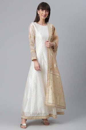 Cream Chanderi Gold Print Anarkali Kurti Dupatta Set