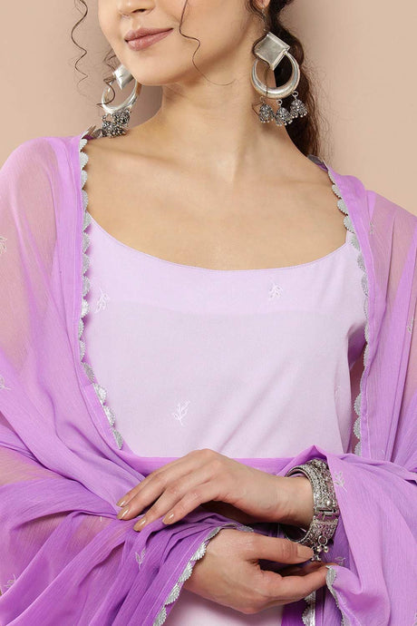 Buy Lavender Poly Crepe Printed Kurta Palazzo Set With Dupatta Online