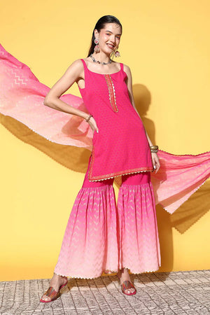 Buy Pink Poly Crepe Kurti Sharara Set With Dupatta Online