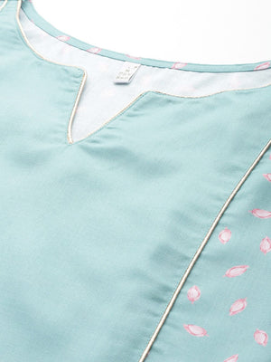 Women's Blue Cotton Blend Printed Kurti Pant Set