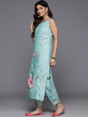 Women's Blue Cotton Blend Printed Kurti Pant Set