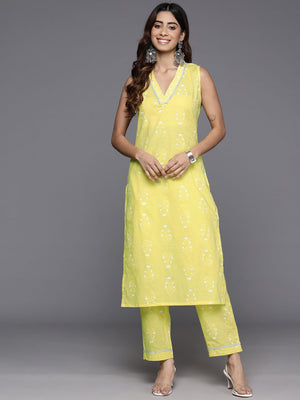 Women's Yellow Pure Cotton Printed Kurti Pant Set