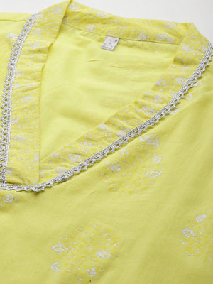Women's Yellow Pure Cotton Printed Kurti Pant Set