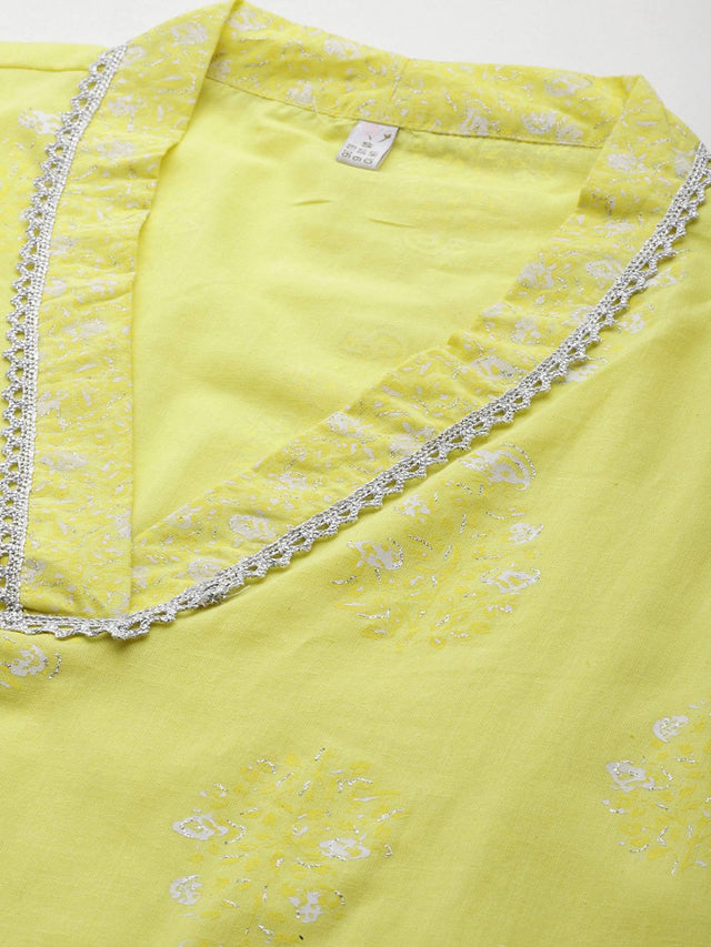 Women's Yellow Pure Cotton Printed Kurti Pant Set