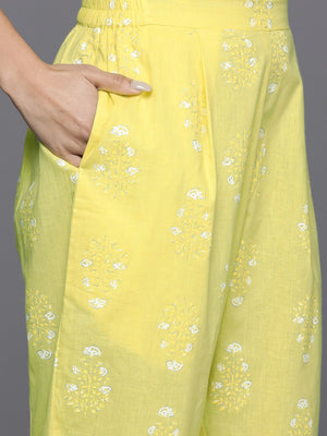 Women's Yellow Pure Cotton Printed Kurti Pant Set