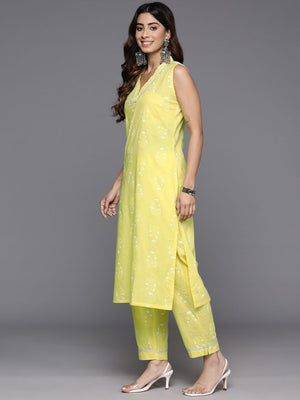 Women's Yellow Pure Cotton Printed Kurti Pant Set