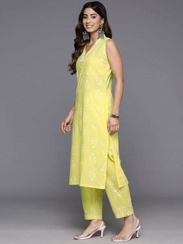Women's Yellow Pure Cotton Printed Kurti Pant Set