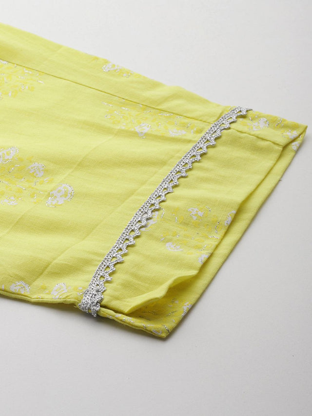 Women's Yellow Pure Cotton Printed Kurti Pant Set