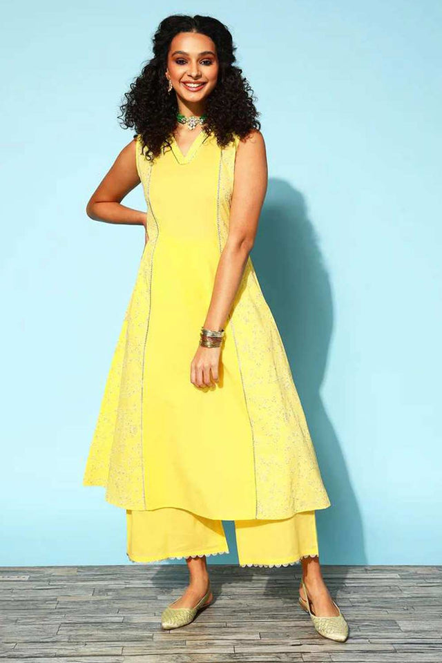 Yellow Color Cotton Printed Kurti Palazzo Set
