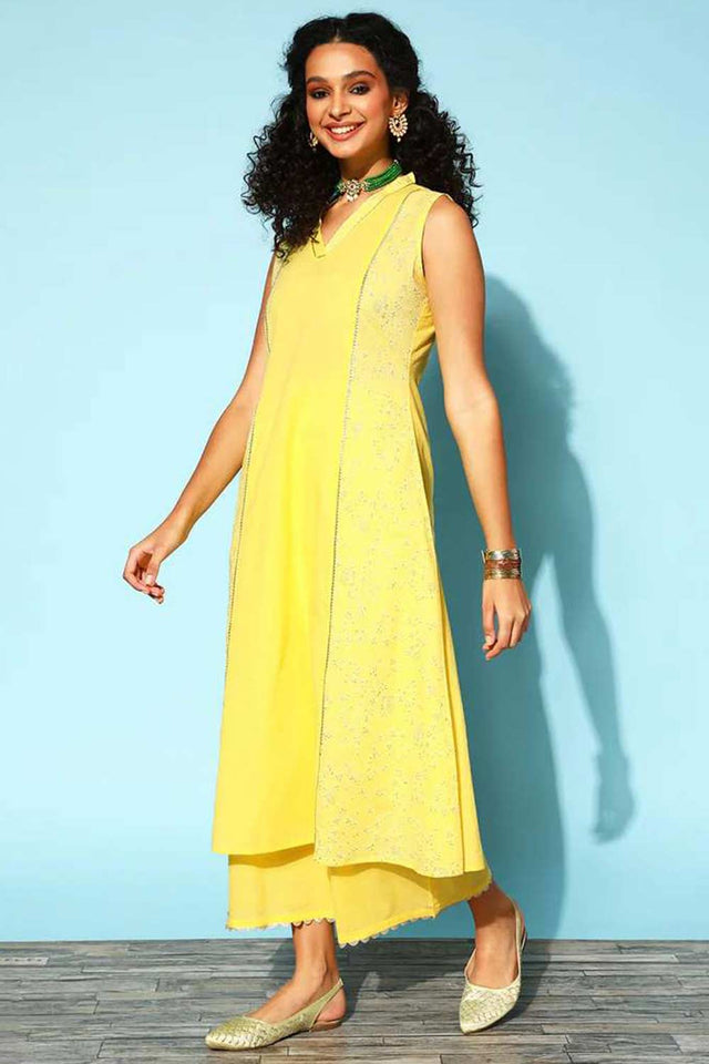 Yellow Color Cotton Printed Kurti Palazzo Set
