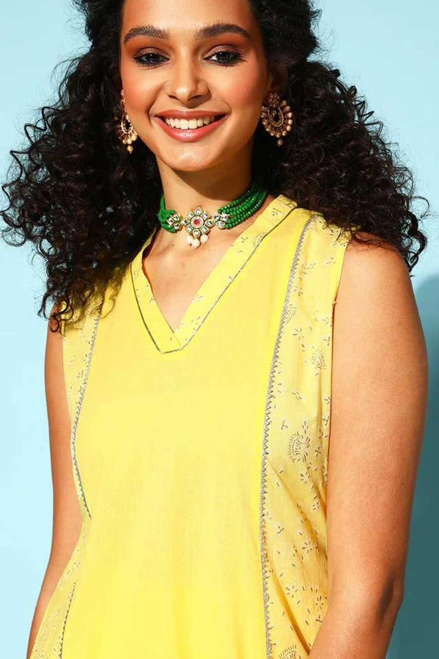 Yellow Color Cotton Printed Kurti Palazzo Set