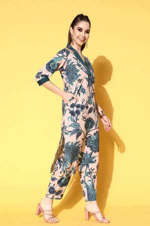 Buy Nude Poly Crepe Printed Kurta Trousers Set Online