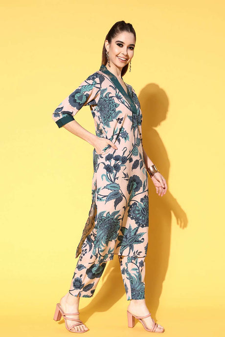 Buy Nude Poly Crepe Printed Kurta Trousers Set Online