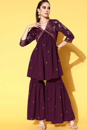 Buy Burgundy Poly Crepe Printed Kurta Sharara Set Online