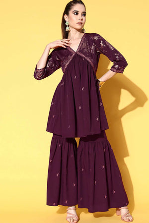 Buy Burgundy Poly Crepe Printed Kurta Sharara Set Online