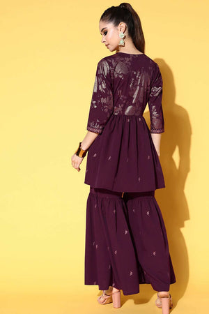Buy Burgundy Poly Crepe Printed Kurta Sharara Set Online