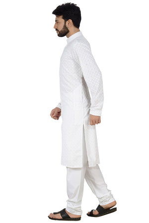 Men's Cotton Polly Embroidery Kurta With Pajama In White
