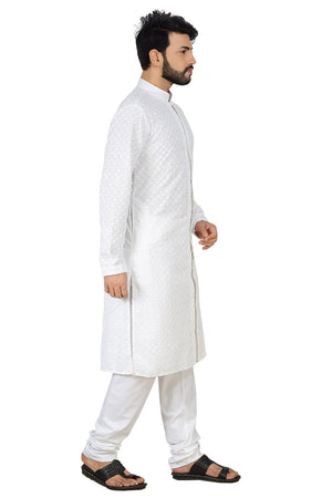 Men's Cotton Polly Embroidery Kurta With Pajama In White