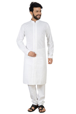 Atool Men's Cotton Polly Embroidery Kurta with Pyjama in White