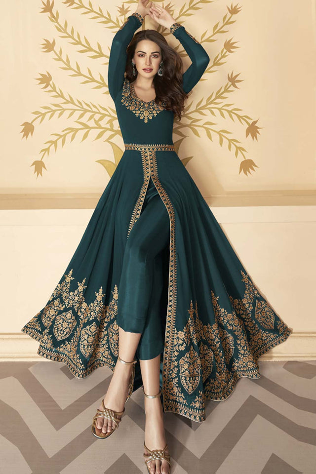 Dark Teal Georgette Resham Embroidery Anarkali Suit Set