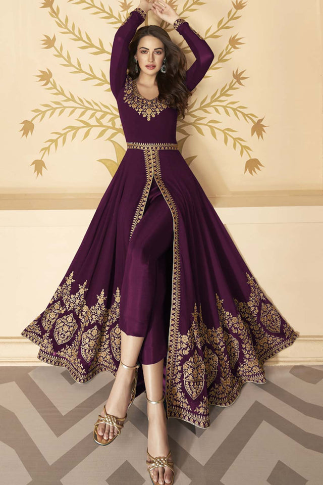 Wine Georgette Resham Embroidery Anarkali Suit Set