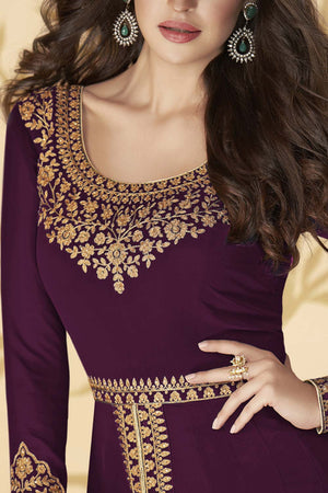 Buy Wine georgette resham embroidery Pant Suit Set Online - Back