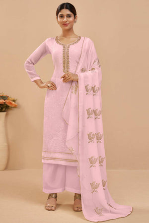 Buy Light Pink Georgette Embroidered Straight Kurta Suits Set Online - KARMAPLACE