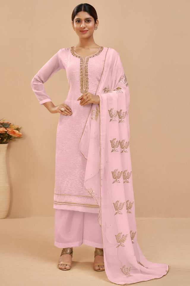 Buy Light Pink Georgette Embroidered Straight Kurta Suits Set Online - KARMAPLACE