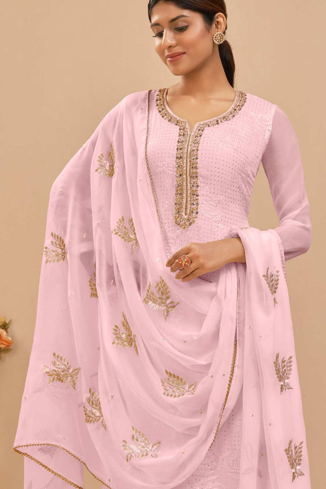 Light Pink Georgette Embroidered Straight Kurta Suits Set