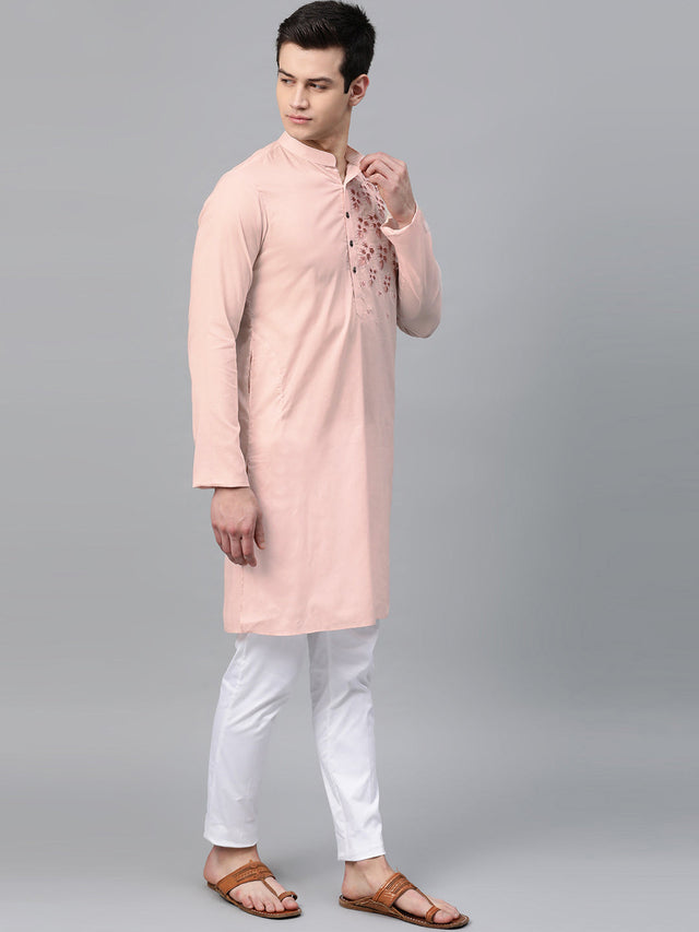 Buy Men's Pink Cotton Thread Embroidered Kurta Pajama Set Online - Front