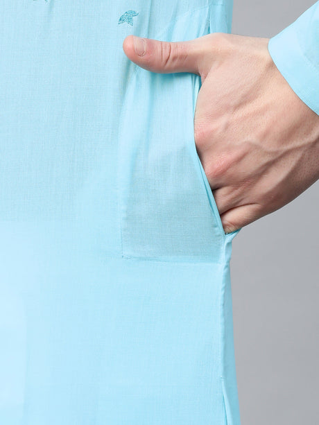 Buy Men's Turquoise Blue Cotton Thread Work Embroidered Straight Kurta Online - Zoom Out