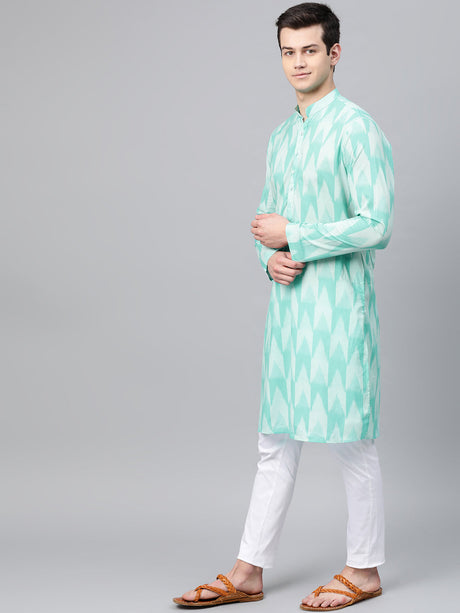 Buy Men's Turquoise Blue Cotton Ikat Printed Straight Kurta Online - Side