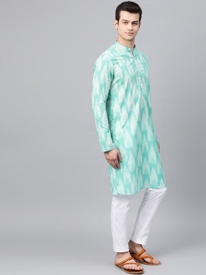 Buy Men's Turquoise Blue Cotton Ikat Printed Straight Kurta Online - Back