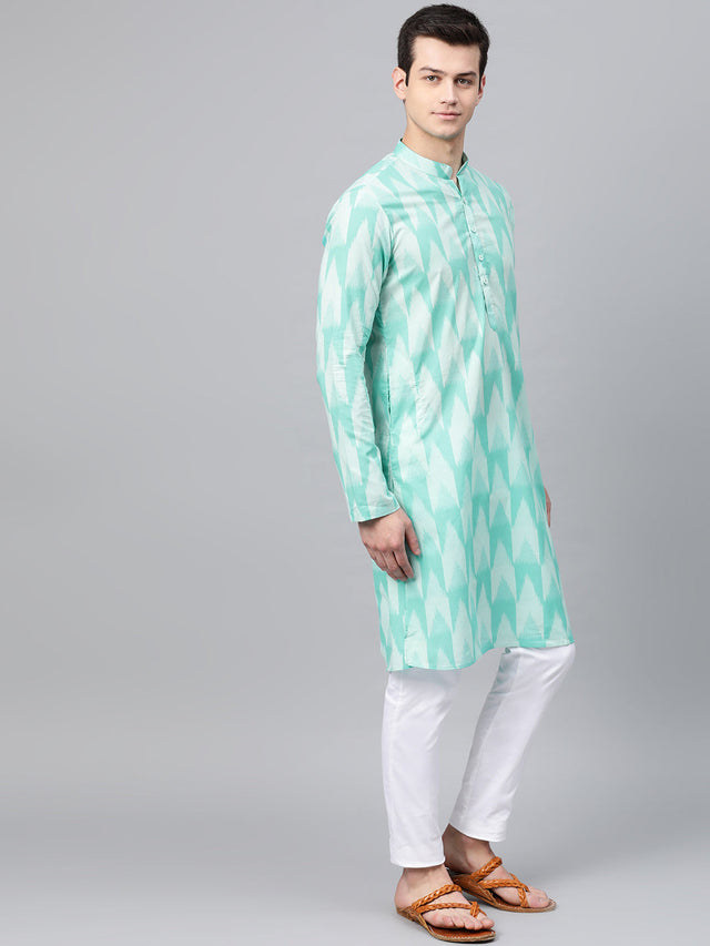 Buy Men's Turquoise Blue Cotton Ikat Printed Straight Kurta Online - Back
