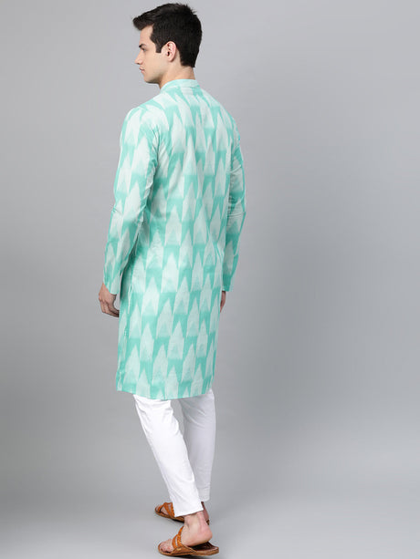 Buy Men's Turquoise Blue Cotton Ikat Printed Straight Kurta Online - Front