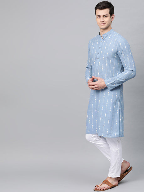 Buy Men's Blue Cotton Printed Straight Kurta Online - Side