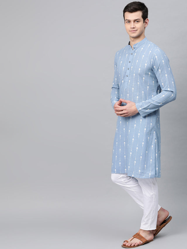 Buy Men's Blue Cotton Printed Straight Kurta Online - Side