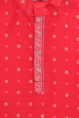 Boys Red Chanderi Gold Khari Print Kids Kurta Churidar Set