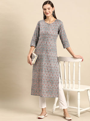 Grey  Pure Cotton Printed Kurti
