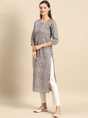 Grey  Pure Cotton Printed Kurti