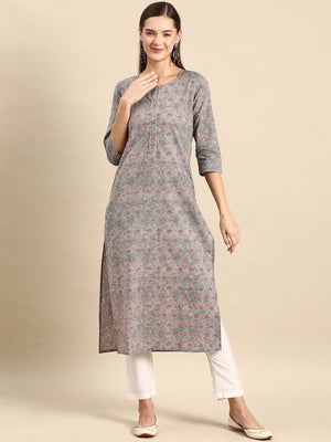 Grey  Pure Cotton Printed Kurti