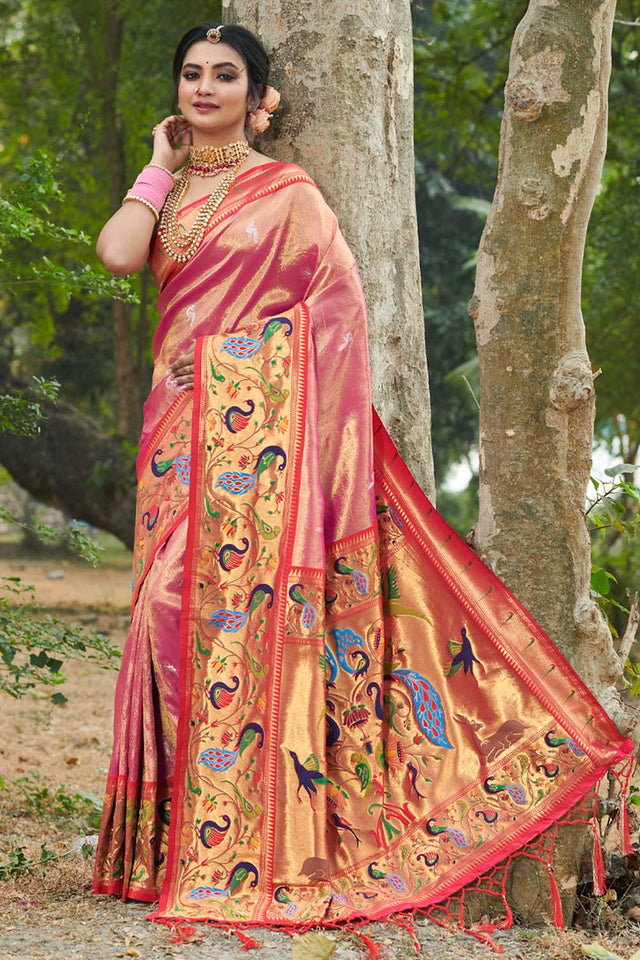 Paithani Art Silk Woven Design Saree In Pink