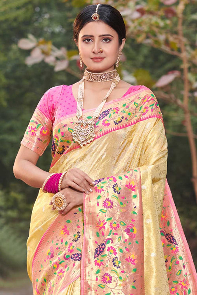 Cream Paithani Art Silk Saree