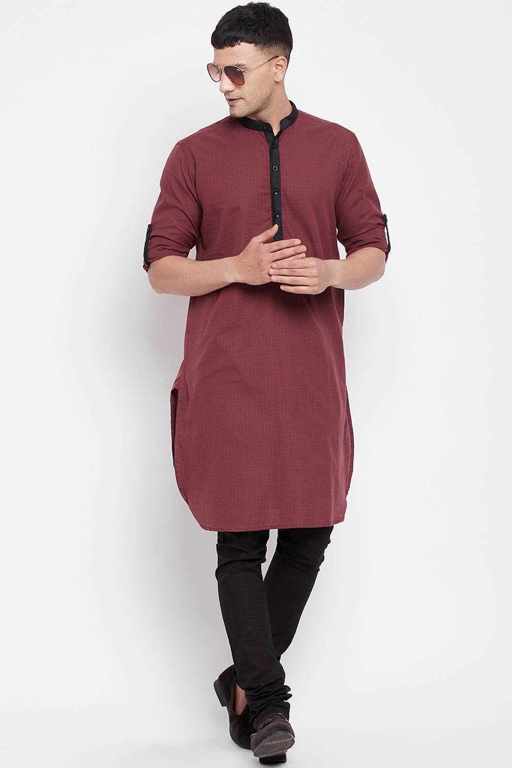 Buy Men's Pure Cotton Solid Long Kurta in Maroon - Front