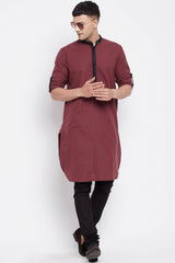 Buy Men's Pure Cotton Solid Long Kurta in Maroon - Front