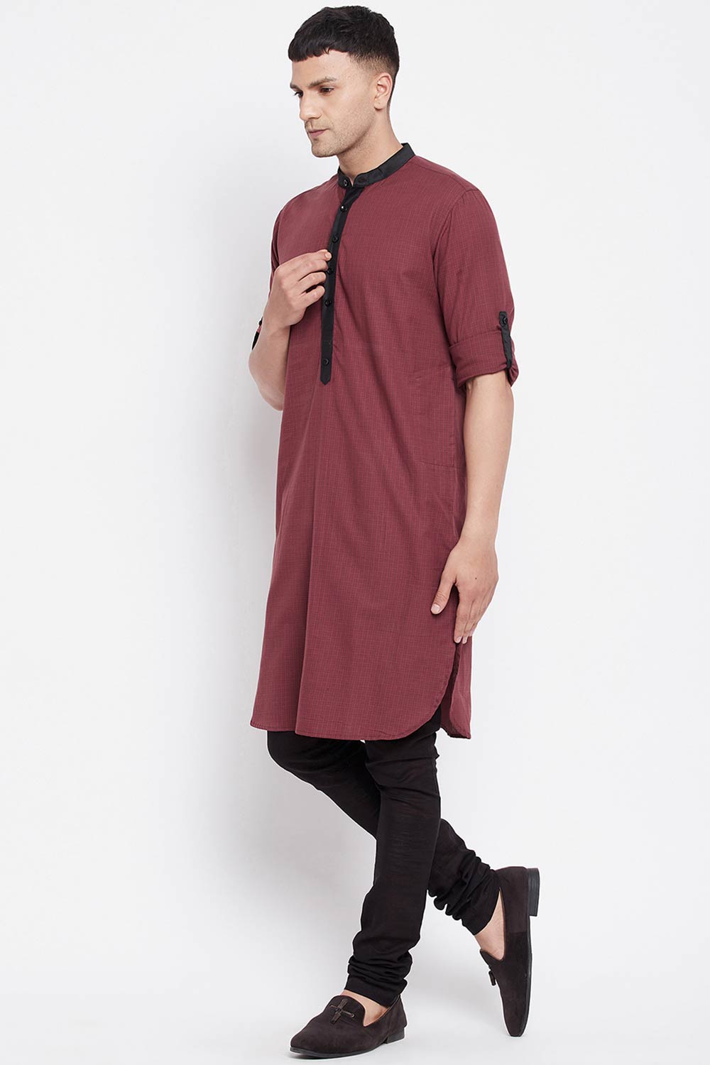 Buy Men's Pure Cotton Solid Long Kurta in Maroon - Back